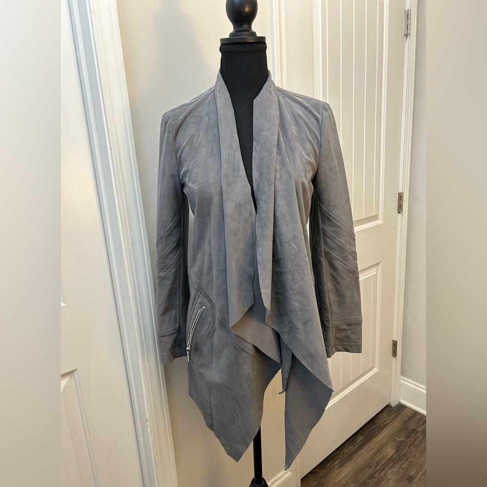 VS2 by Vakko Women's Gray Suede‎ Waterfall Drape Open Front Jacket Size S